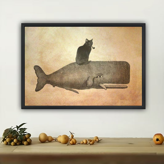 The Whimsical Cat-On-Whale – Playful Fantasy Wall Art on Natural Wood Canvas | W572