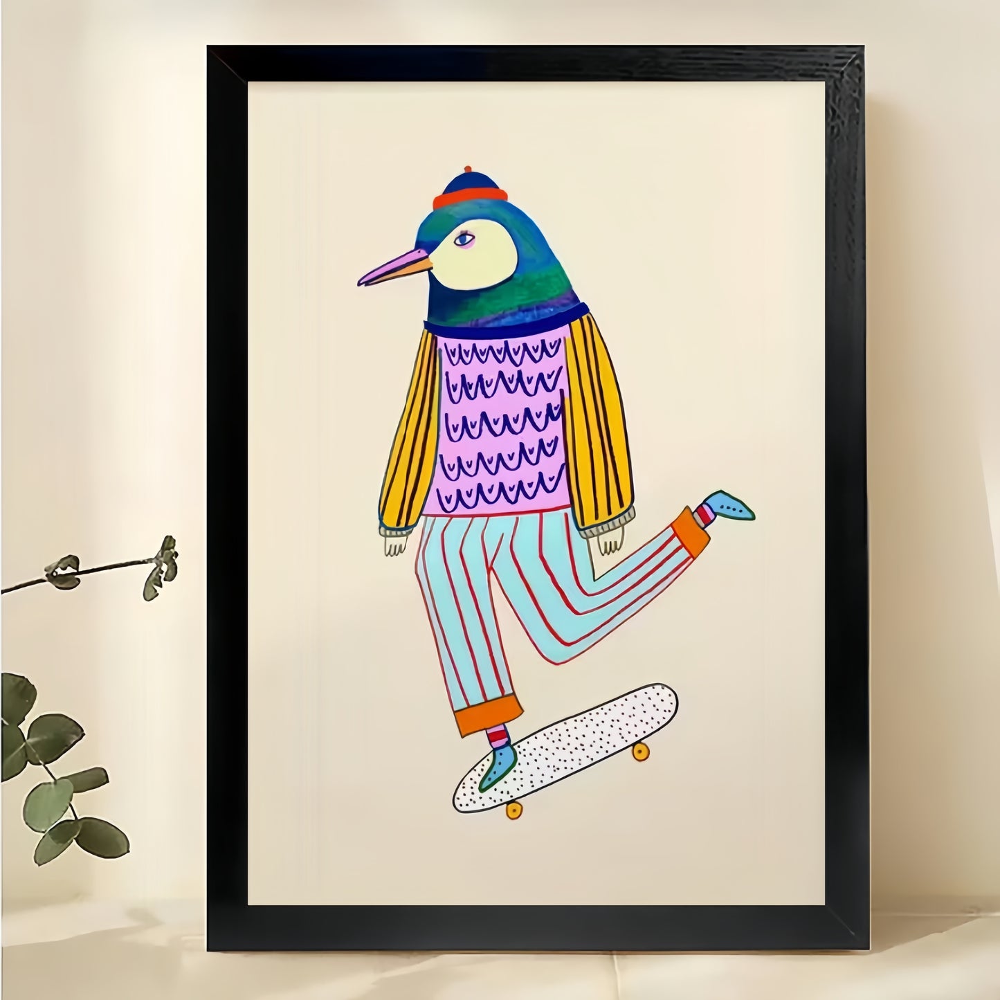 The Skateboarding Owl – Playful Cartoon Wall Art on Natural Wood Canvas | W585