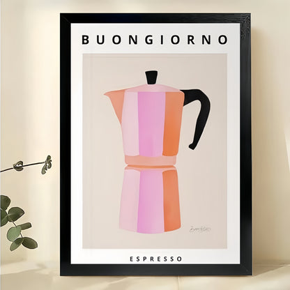 Buongiorno Espresso Moka Pot – Retro Coffee Kitchen Wall Art on Natural Wood Canvas | W2057