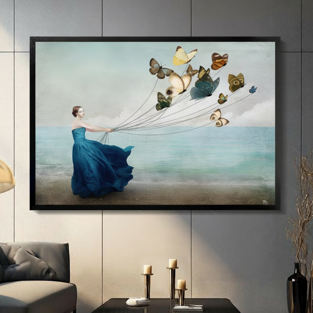 Dreamy Woman Butterfly Beach Canvas Art w4008