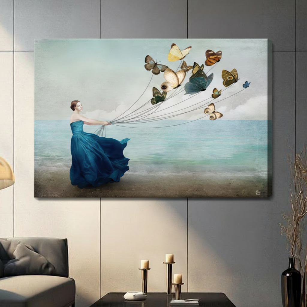 Dreamy Woman Butterfly Beach Canvas Art w4008