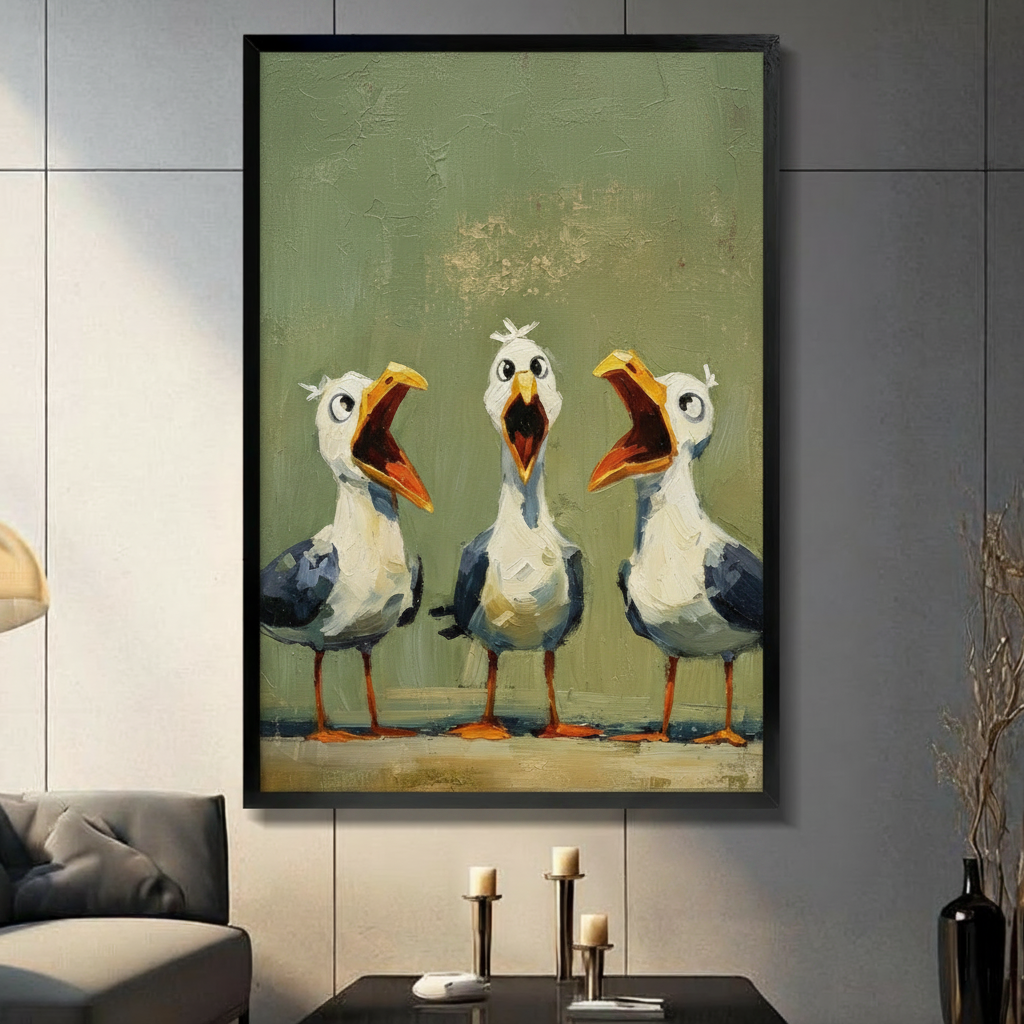 Humorous impasto oil painting of three seagulls standing side by side all with their beaks wide open in a simultaneous loud squawk featuring round cartoon eyes yellow-orange bills with red open mouths white feathered bodies with deep blue-gray wings and bright orange feet set against an aged olive green textured background with sandy ground funny screaming seagull trio coastal wall art framed print displayed in a living room with dark gray sofa, pillar candle holders, and black decorative vase