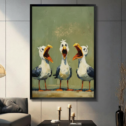 Humorous impasto oil painting of three seagulls standing side by side all with their beaks wide open in a simultaneous loud squawk featuring round cartoon eyes yellow-orange bills with red open mouths white feathered bodies with deep blue-gray wings and bright orange feet set against an aged olive green textured background with sandy ground funny screaming seagull trio coastal wall art framed print displayed in a living room with dark gray sofa, pillar candle holders, and black decorative vase