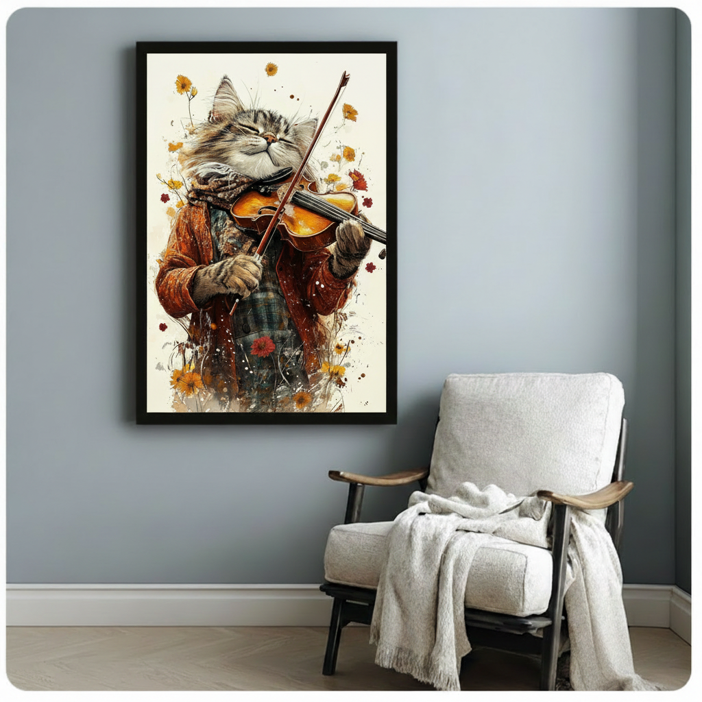 Watercolor illustration of a blissful tabby cat in an orange jacket playing violin surrounded by yellow and red wildflowers and ink splashes on a cream background charming music cat wall art framed print beside a white linen armchair on a blue gray wall