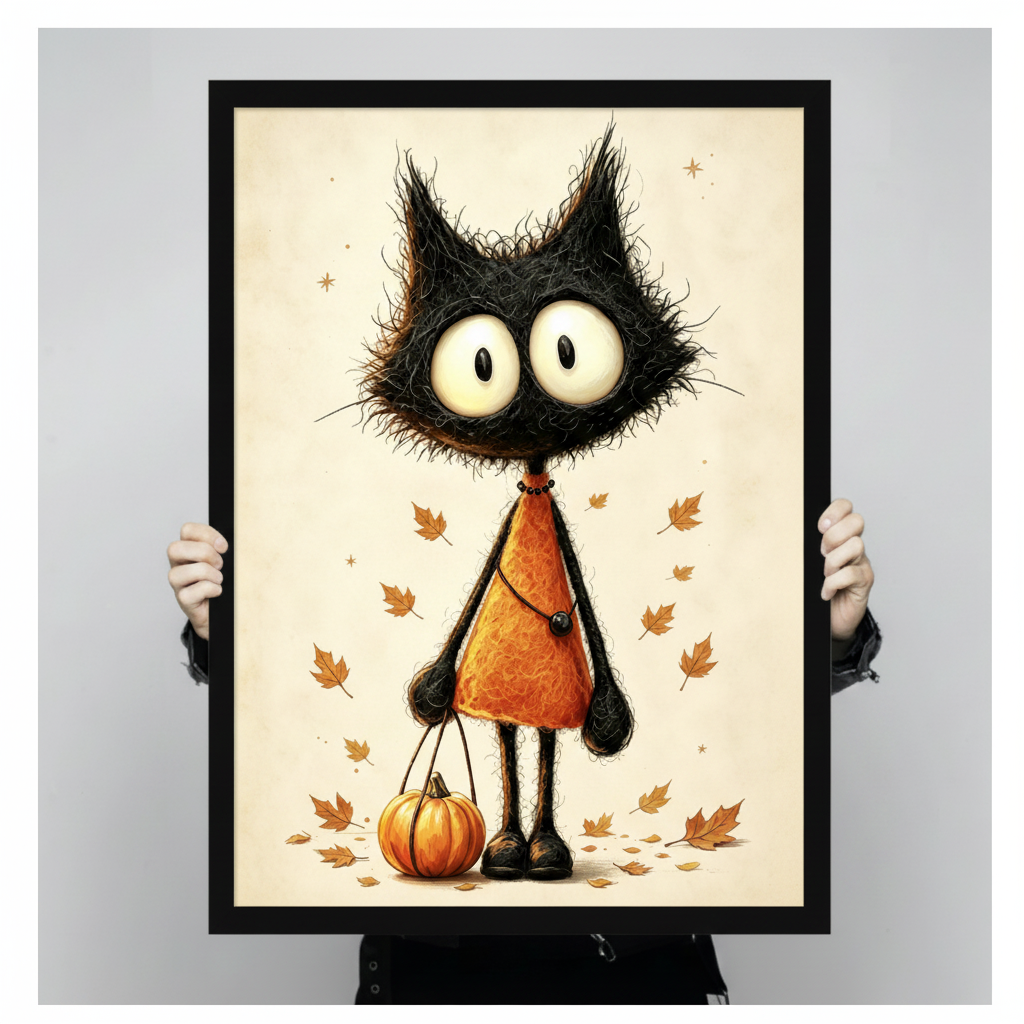 Bold whimsical vintage illustration art print of a funny anthropomorphic black cat standing straight on with a massive frizzy unkempt black fur head very large white round eyes a long thin neck and a bright orange A-line triangular dress with black beaded necklace and chain accessory holding a small round orange pumpkin by a string with golden autumn leaves floating all around and tiny star accents on a warm cream vintage parchment background Halloween quirky spooky black cat art framed print held up for si