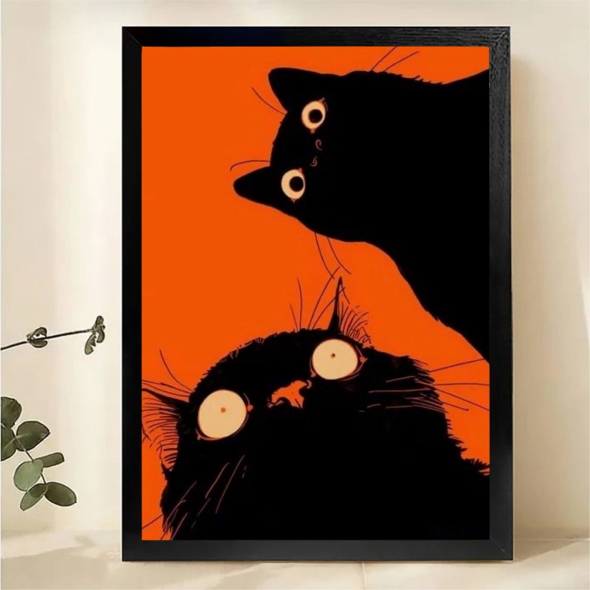 Two Black Cats Wall Art - Bold Orange Background Print|W1315