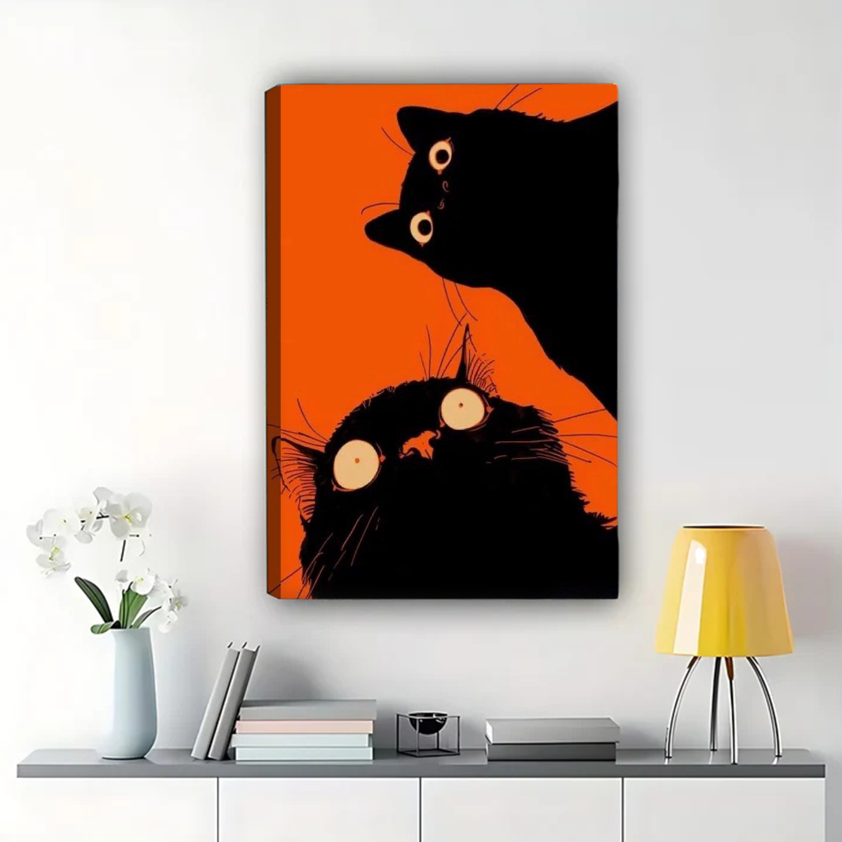 Two Black Cats Wall Art - Bold Orange Background Print|W1315
