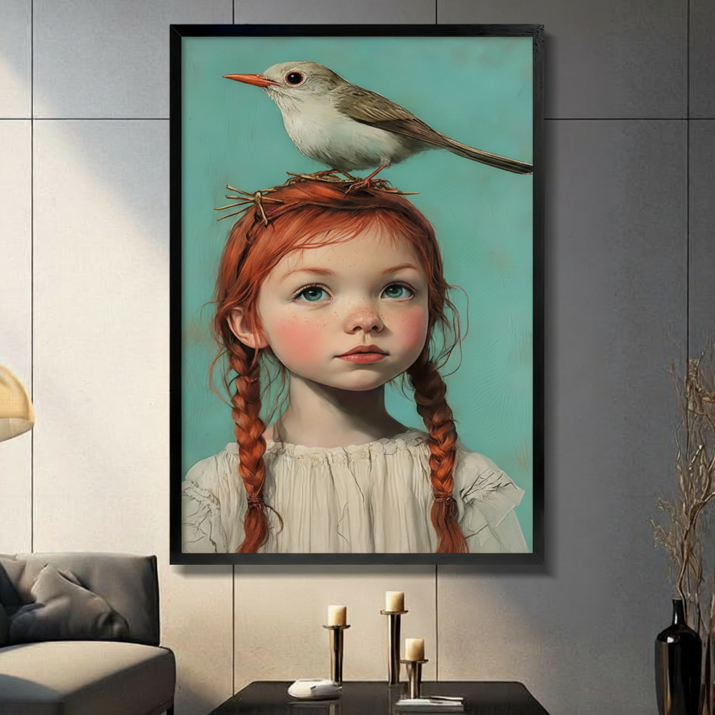 Girl with bird portrait canvas wall art – realist oil painting style red-haired girl for home decor