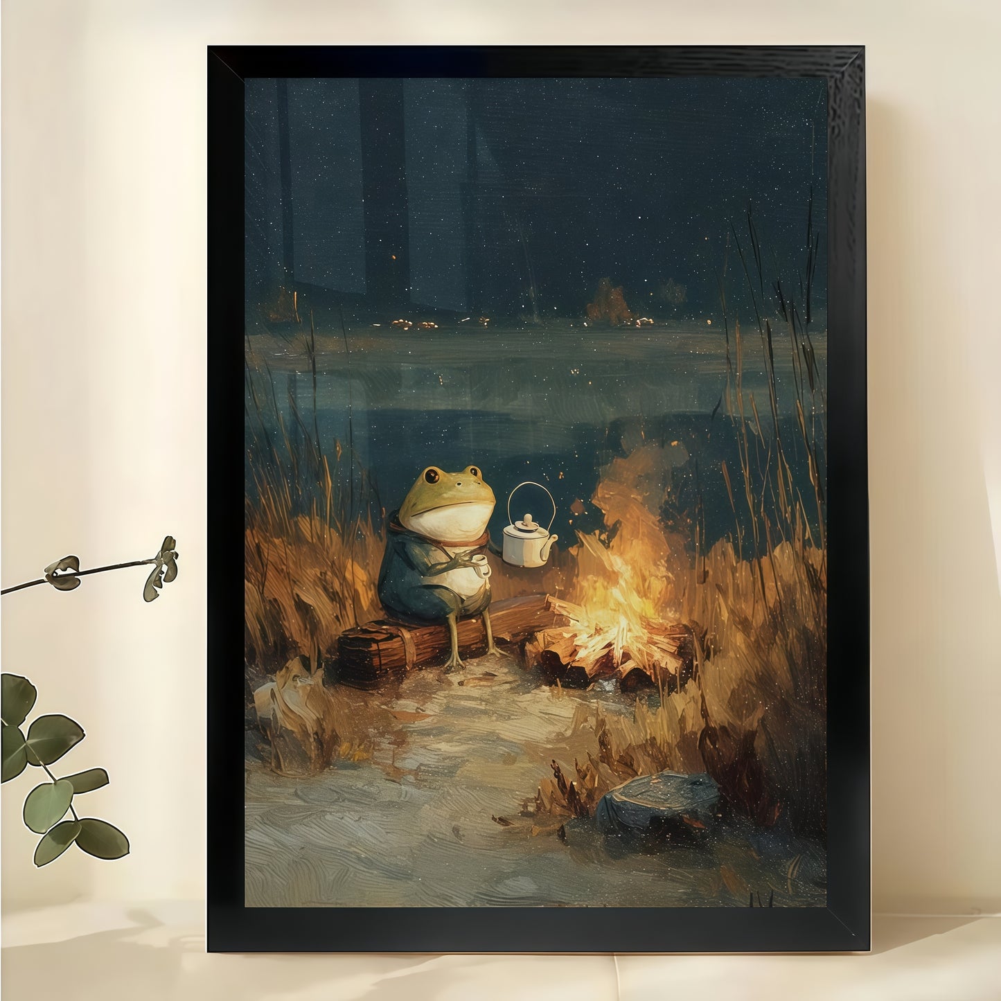 Frogs by Campfire in Night Forest – Cozy Fairy Tale Wall Art on Natural Wood Canvas | W807