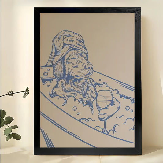 Dog in Bathtub – Vintage Sketch Bathroom Wall Art on Natural Wood Canvas | W855