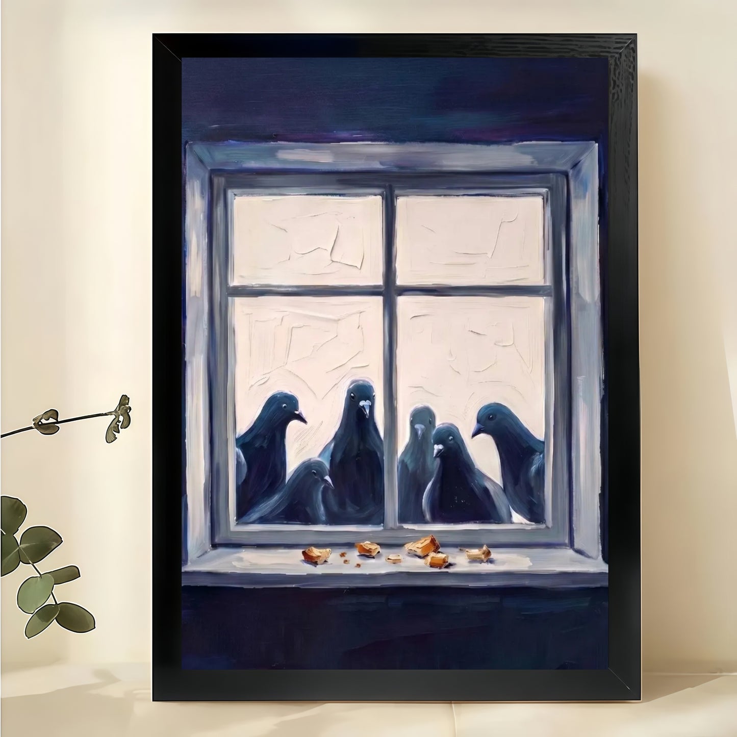 Pigeons at the Window Wall Art – Cozy Moody Bird Canvas Print on Natural Wood Frame | W2240