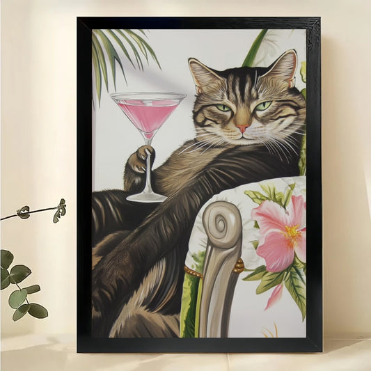 Tabby Cat with Martini Glass Wall Art – Whimsical Luxury Cat Canvas Print on Natural Wood Frame | W2089