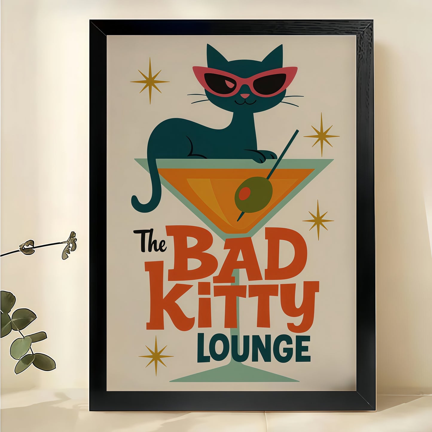 The Bad Kitty Lounge Retro Cat with Martini – Mid-Century Modern Wall Art on Natural Wood Canvas | W933