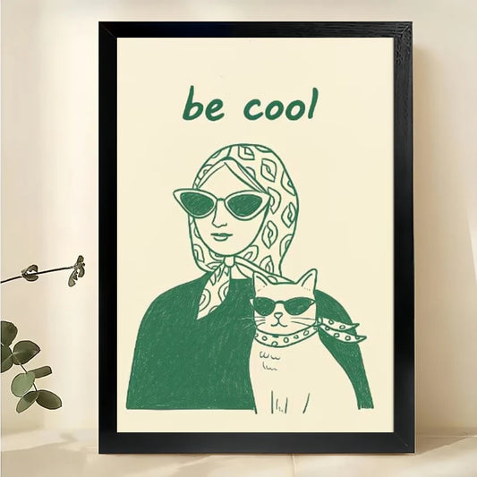 Be Cool Woman & Cat – Retro Cool Cat & Owner Wall Art on Natural Wood Canvas | W2063