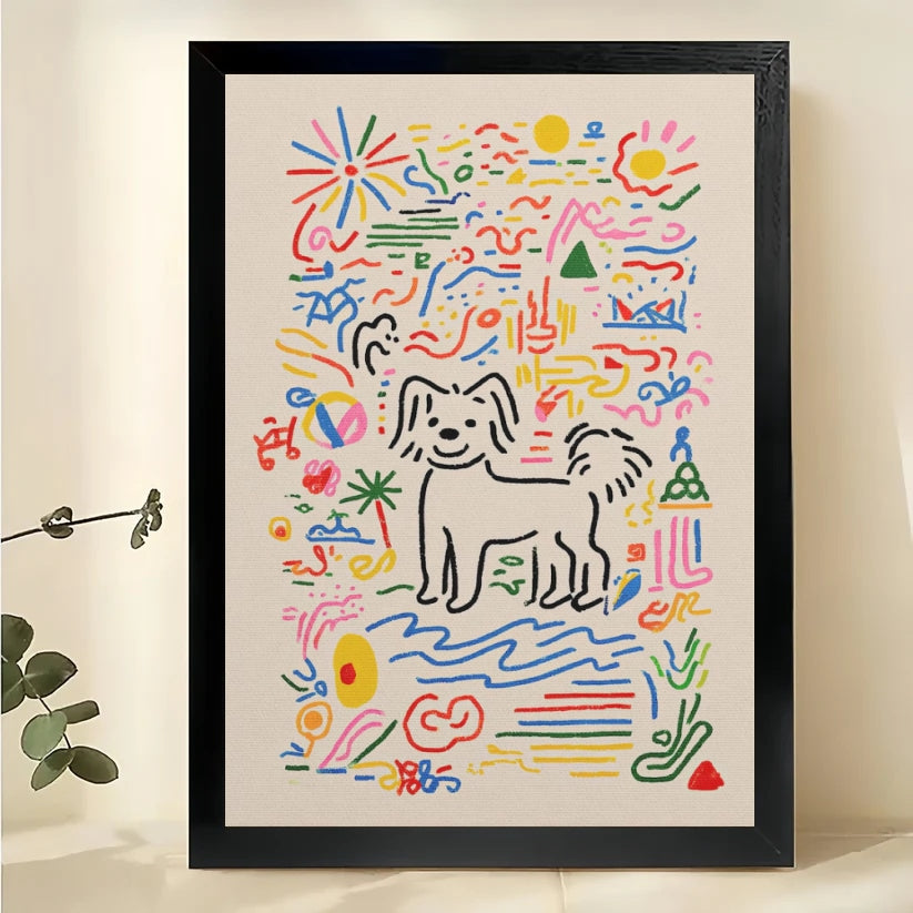 Colorful Doodle Dog Wall Art – Playful Abstract Dog Canvas Print on Black Wood Frame | W2429