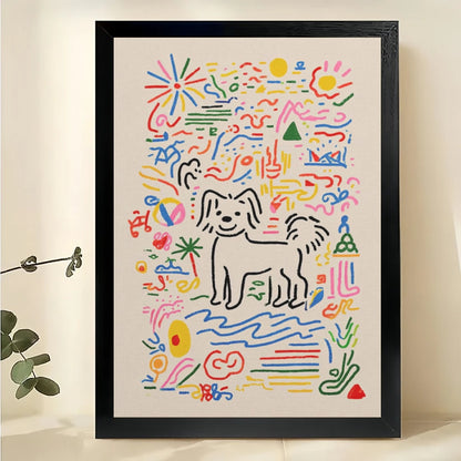 Colorful Doodle Dog Wall Art – Playful Abstract Dog Canvas Print on Black Wood Frame | W2429