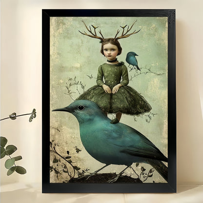 Girl with Antlers on Bird Wall Art – Whimsical Vintage Fantasy Canvas Print on Natural Wood Frame | W2423