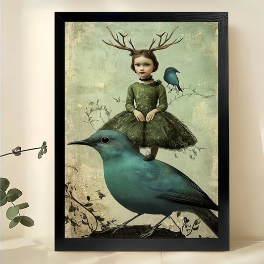 Girl with Antlers on Bird Wall Art – Whimsical Vintage Fantasy Canvas Print on Natural Wood Frame | W2423