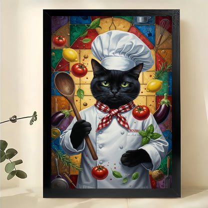 Chef Black Cat in Vintage Frame – Whimsical Culinary Pet Wall Art on Natural Wood Canvas | W715