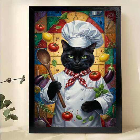 Chef Black Cat in Vintage Frame – Whimsical Culinary Pet Wall Art on Natural Wood Canvas | W715