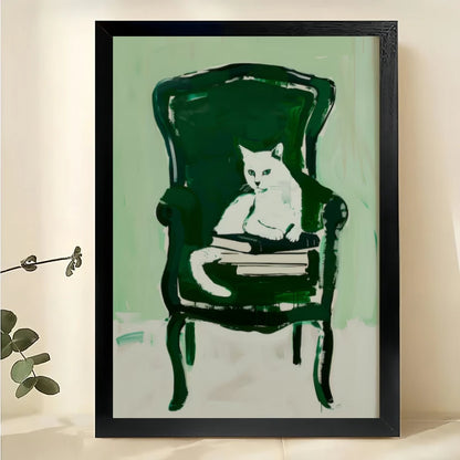 White Cat Reading on Chair – Cozy Book Lover Cat Wall Art on Natural Wood Canvas | W2068
