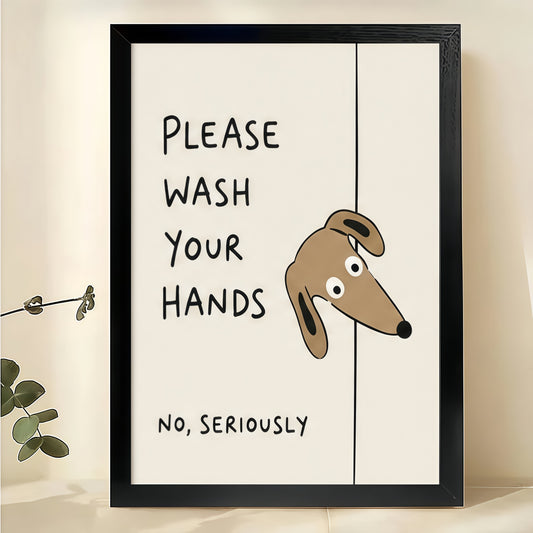 Dachshund "Wash Your Hands" Wall Art – Humorous Bathroom Reminder Canvas Print on Black Wood Frame | W2261