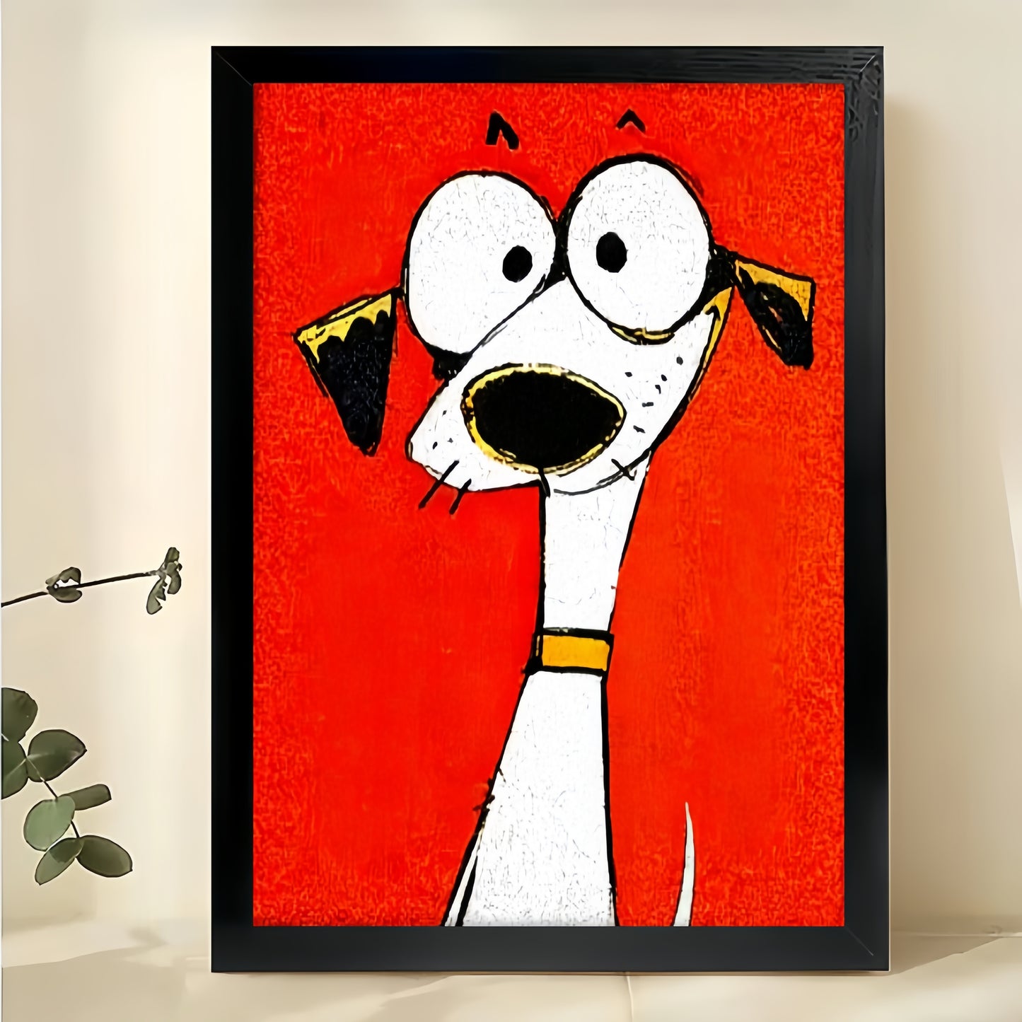 Mini Cartoon Dog in Tiny Gold Frame – Playful Tiny Wall Art on Natural Wood Canvas | W729