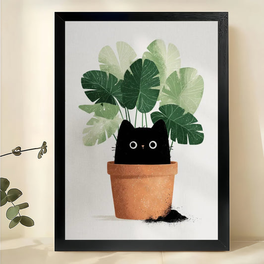 Black Cat in Monstera Pot – Cute Plant Cat Wall Art on Natural Wood Canvas | W2073