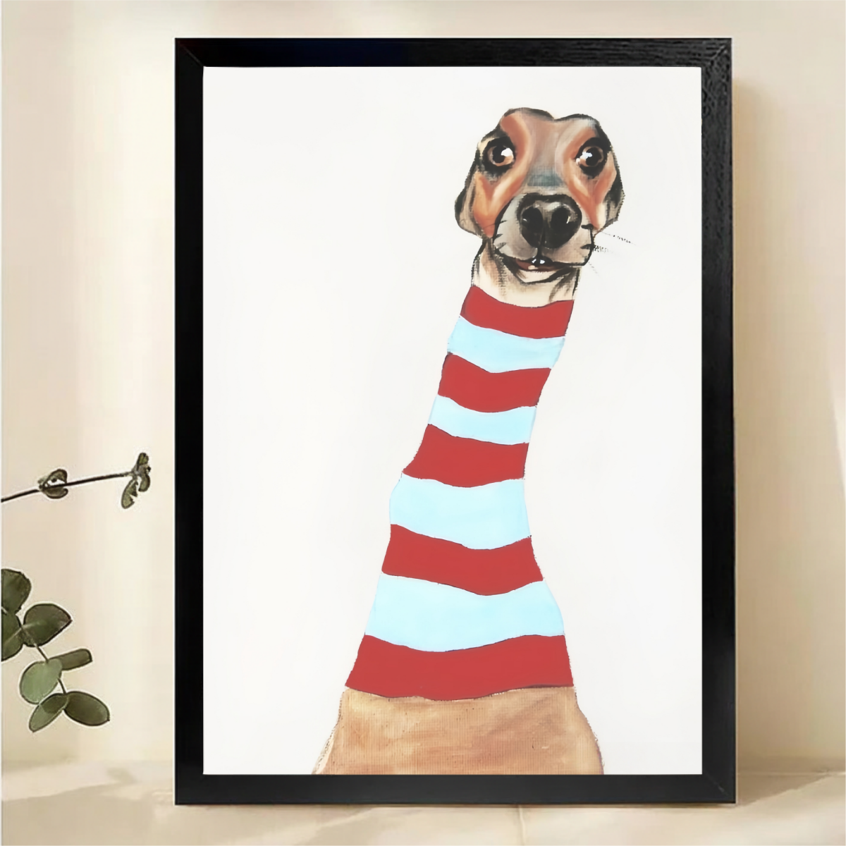 Long Neck Dog in Striped Sweater Wall Art - Whimsical Print|W1293