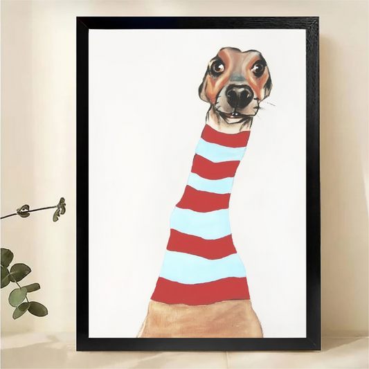 Long Neck Dog in Striped Sweater Wall Art - Whimsical Print|W1293