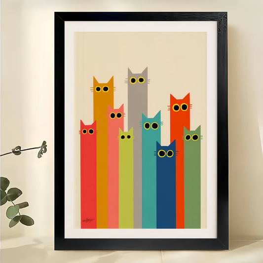 Rainbow Cat Stack – Colorful Mid-Century Modern Wall Art on Natural Wood Canvas | W891