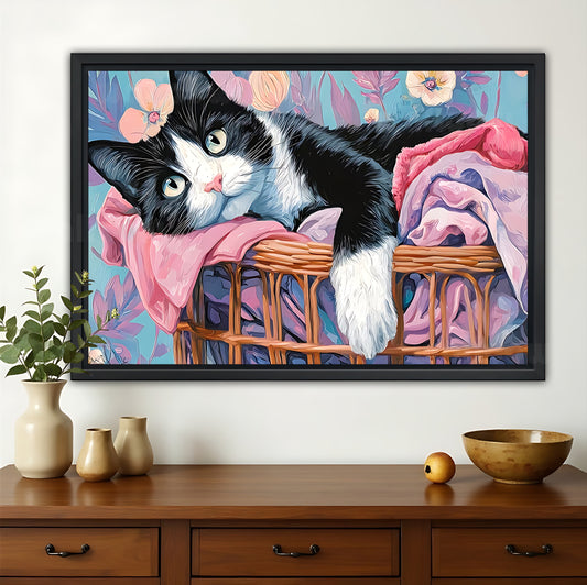 Chonky Cat Lounging in Laundry Basket – Cozy Floral Background Wall Art on Natural Wood Canvas | W745