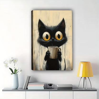 The Wide-Eyed Cup-Holding Cat – Whimsical Feline Wall Art on Natural Wood Grain Canvas | W501