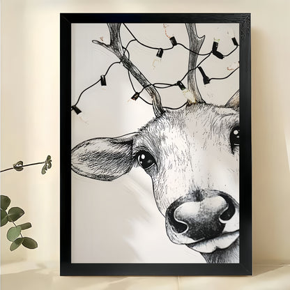 Deer Head Close-Up – Minimalist Black & White Wildlife Wall Art on Natural Wood Canvas | W2050