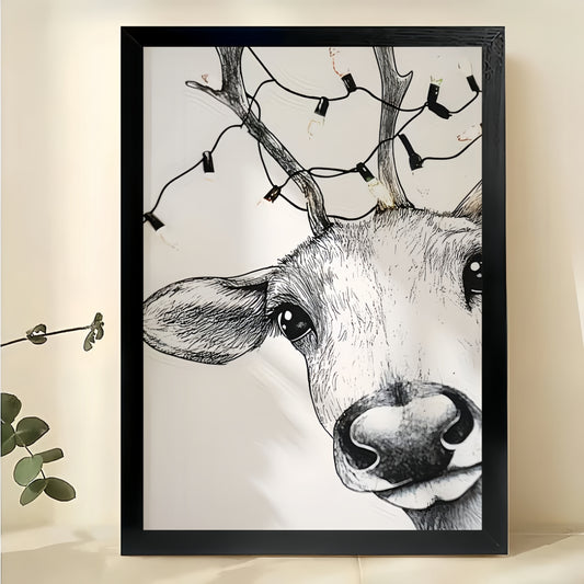 Deer Head Close-Up – Minimalist Black & White Wildlife Wall Art on Natural Wood Canvas | W2050