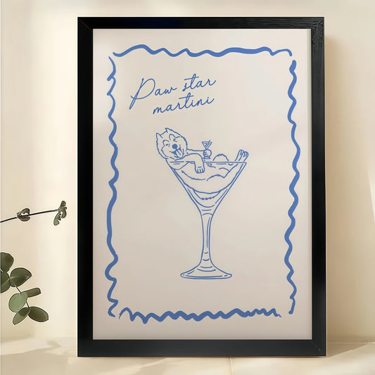 Prosecco Martini Hand Drawn – Minimalist Cocktail Bar Wall Art on Natural Wood Canvas | W2034