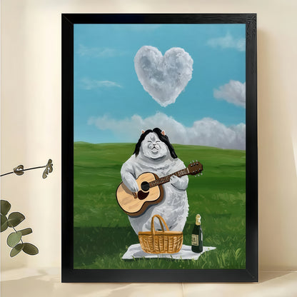 The Chubby Angel Playing Guitar – Whimsical Pastoral Wall Art on Natural Wood Canvas | W634