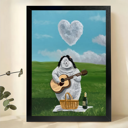 The Chubby Angel Playing Guitar – Whimsical Pastoral Wall Art on Natural Wood Canvas | W634