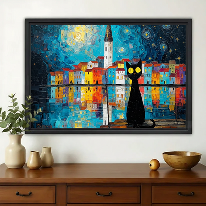 Black Cat in Van Gogh-Style Starry Night Cityscape – Artistic Whimsical Wall Art on Natural Wood Canvas | W736