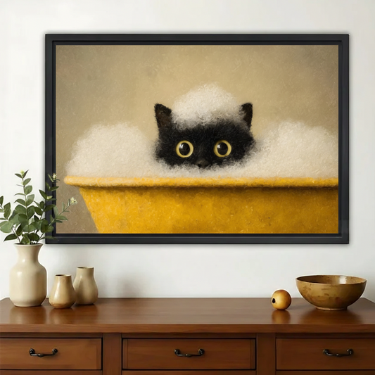 Black Cat in Yellow Bathtub Wall Art – Cute Bathing Cat Canvas Print on Natural Wood Frame | W2416