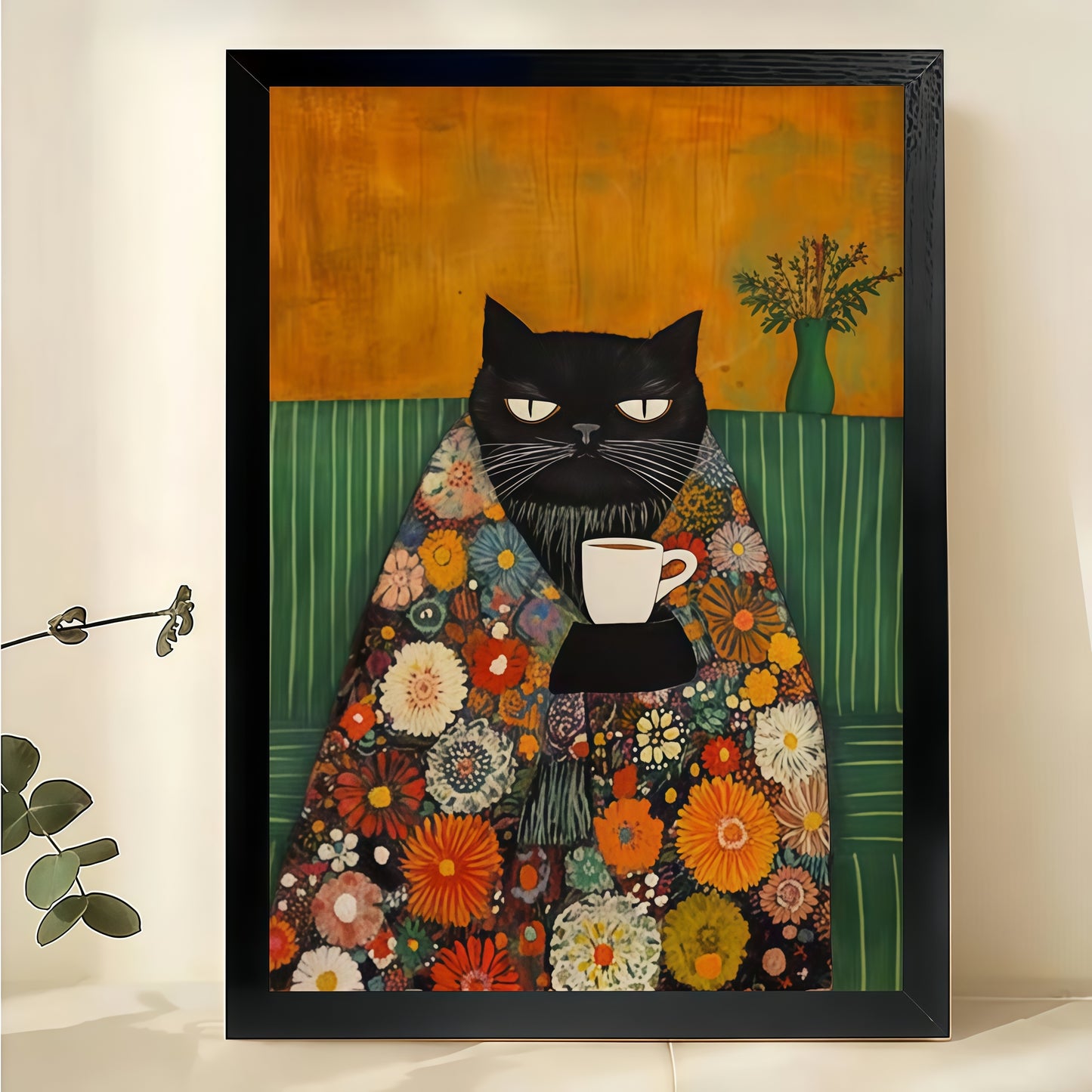 Cozy Black Cat with Floral Blanket & Coffee – Vintage Wall Art on Natural Wood Canvas | W898