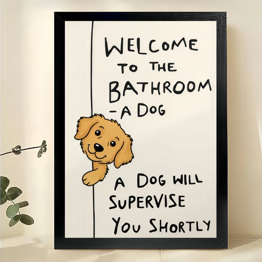 Welcome to the Bathroom Golden Retriever – Humorous Bathroom Wall Art on Natural Wood Canvas | W850