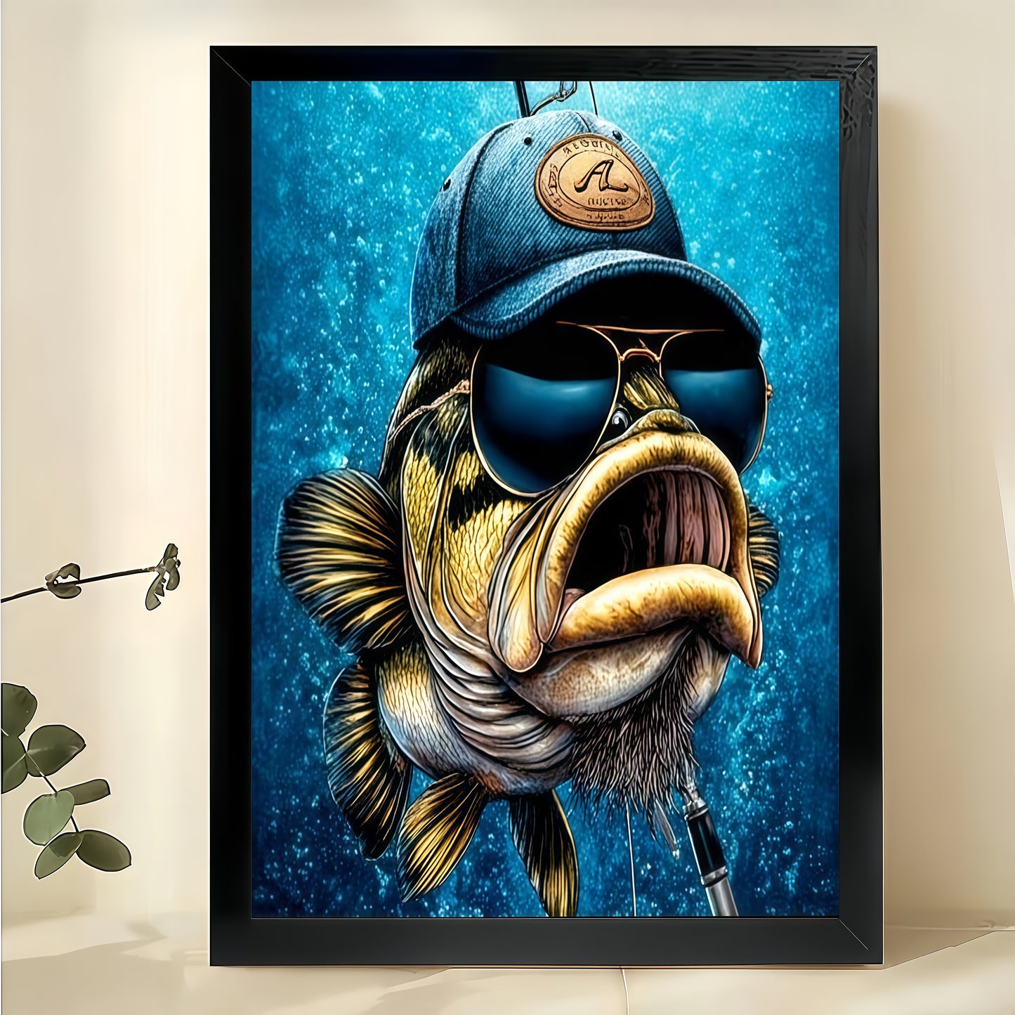 Sunglasses-Wearing Big-Mouth Fish – Retro Quirky Wall Art on Natural Wood Canvas | W700