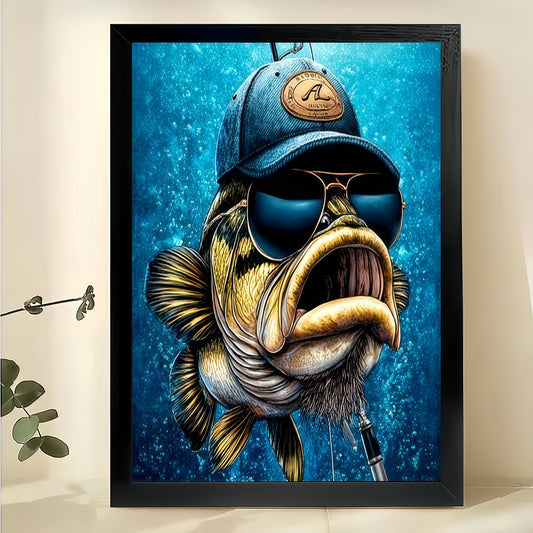 Sunglasses-Wearing Big-Mouth Fish – Retro Quirky Wall Art on Natural Wood Canvas | W700