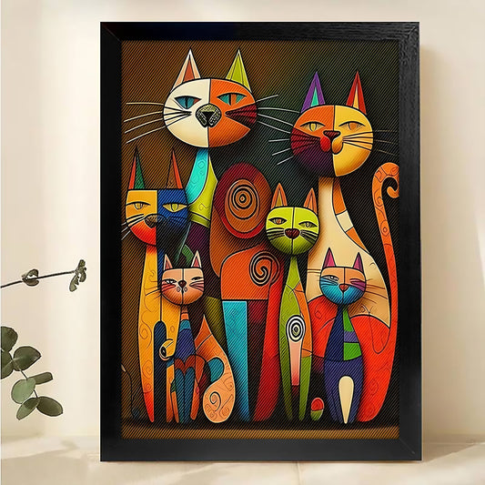 The Whimsical Cat Crew – Colorful Cartoon Wall Art on Natural Wood Canvas | W548