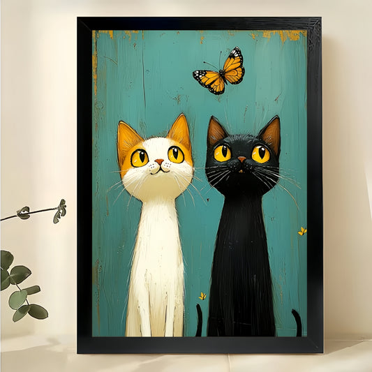 Sweet Cat Couple with Butterfly Illustration – Romantic Whimsical Wall Art on Natural Wood Canvas | W688