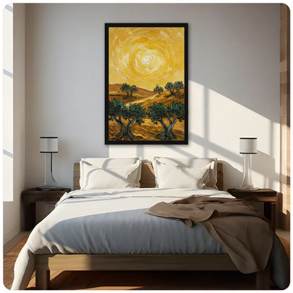 Olive tree landscape canvas wall art above bed – cozy bedroom gallery wall styling