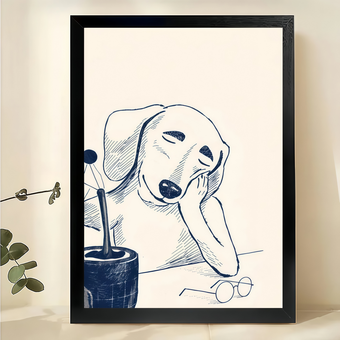 Minimalist Thinking Dog Line Art Wall Art – Cute Sleepy Puppy Sketch Canvas Print | W2306