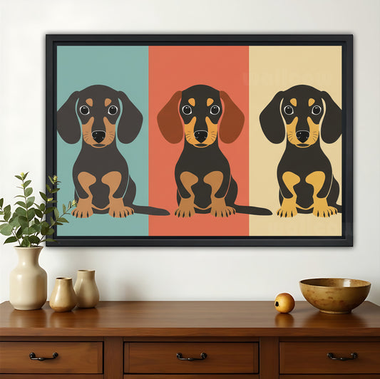 The Geometric Dachshund Trio – Modern Pet Wall Art on Natural Wood Canvas | W646