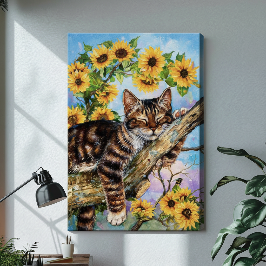 Cat sunflower stretched canvas print in cozy home library